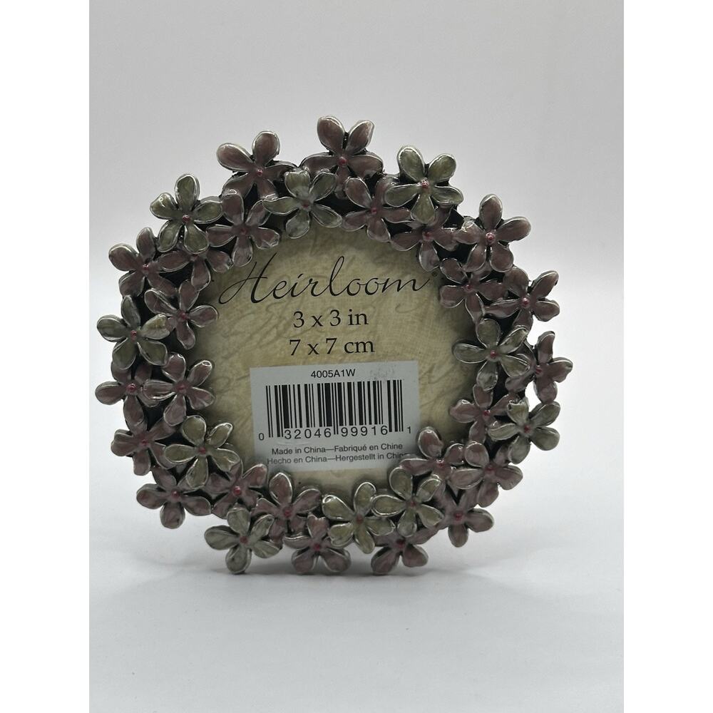 Heirloom Circular Floral Photo Frame Pink Silver 3x3 in Metal Enamel